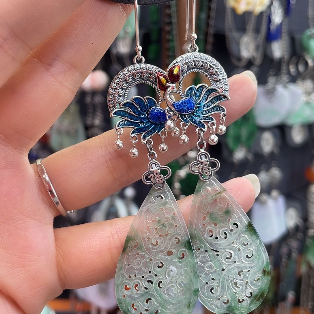 翡翠银S925镶嵌耳饰兰*487hhbhg