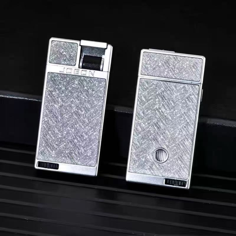 ZB320F-银满天星高级编织纹纤薄扁火带可视气仓防风打火机金属