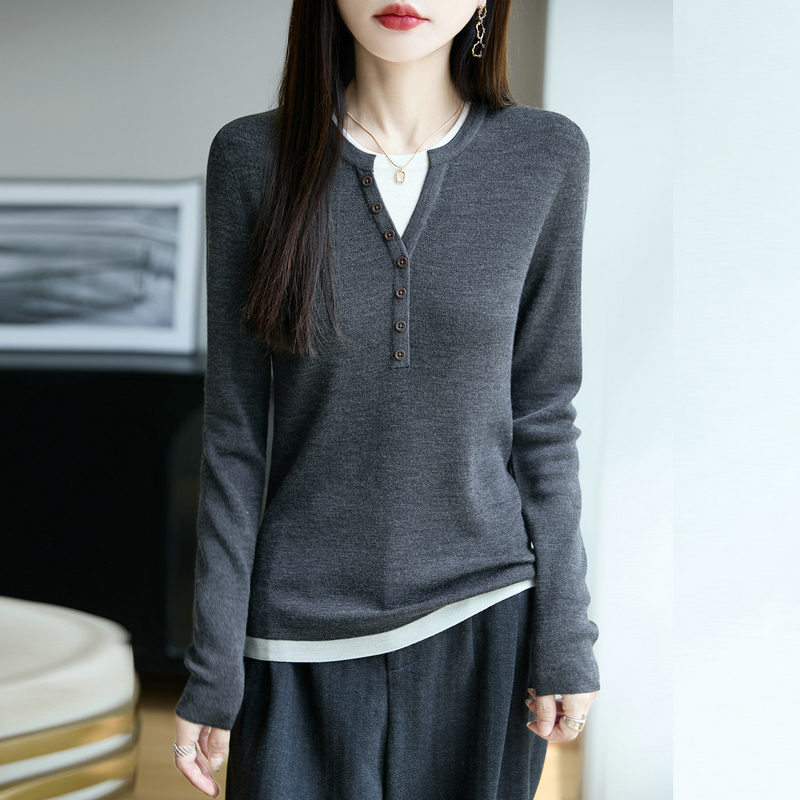 秋季精纺纯羊毛假两件套女针织打底衫长袖百搭毛衣