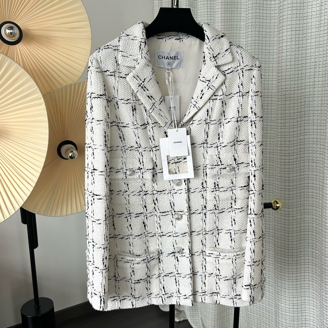 99新 Chanel/香奈儿 23S黑白格外翻领外套 34码 