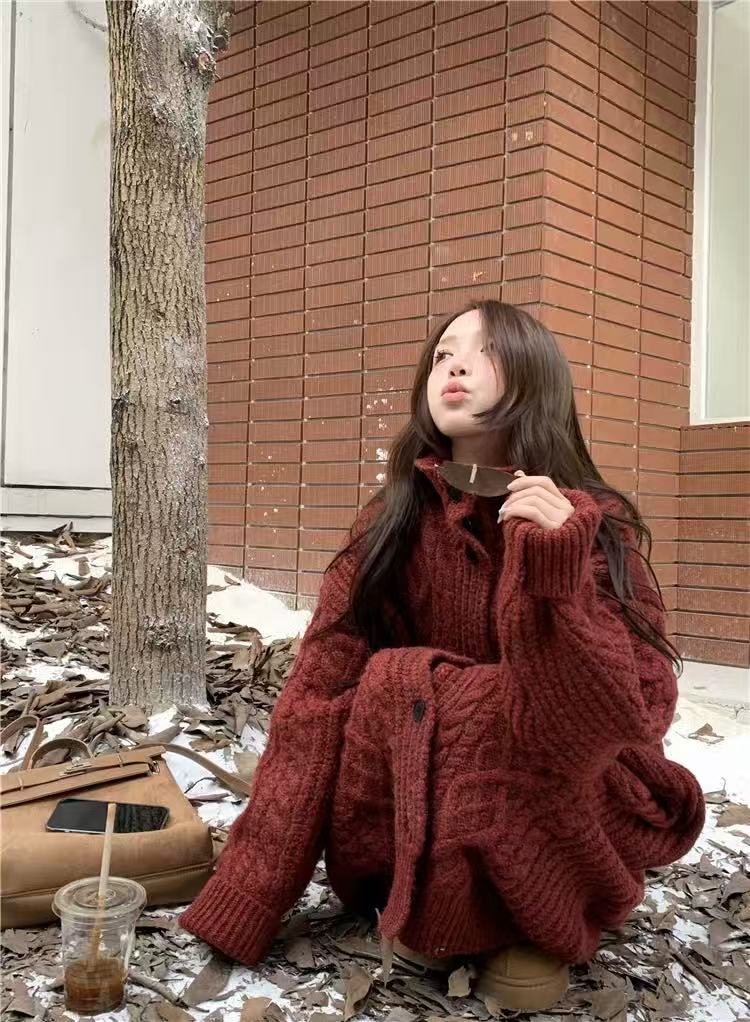 586秋冬新款美式发货慵懒风宽松休闲高领设计感长袖开衫上衣外套