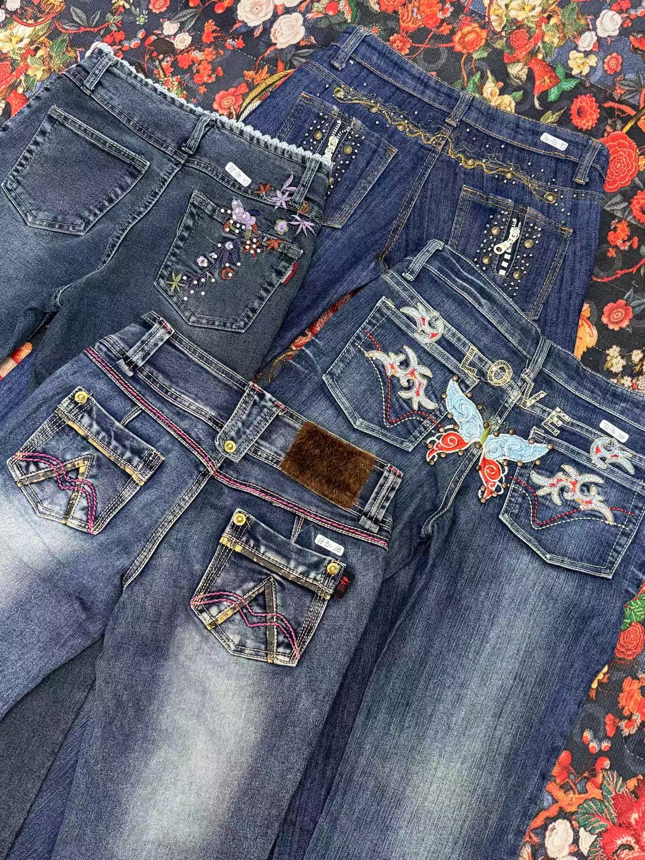 古着蓝色重工毛毛低腰辣妹牛仔裤（仅限直播间购买，NO退NO换）