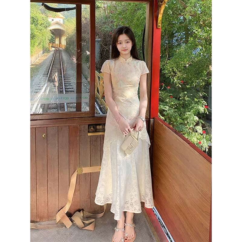 2025夏蕾丝拼接镂空旗袍裙【月华绣影】新中式改良假两件印花裙子