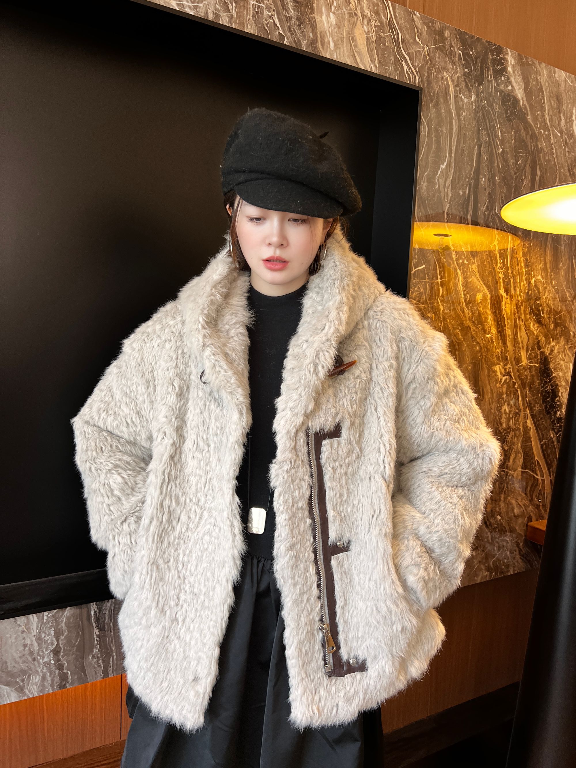 【莫莫】‘2659’中长款兔毛百搭上衣保暖时尚翻领冬季加厚长款外套