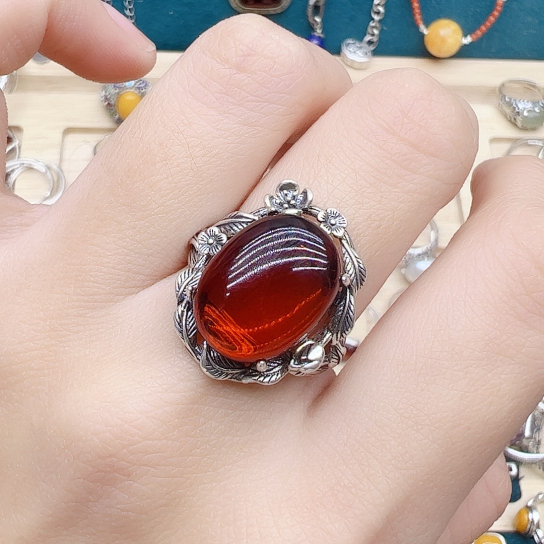 血珀戒指银S925镶嵌天然
