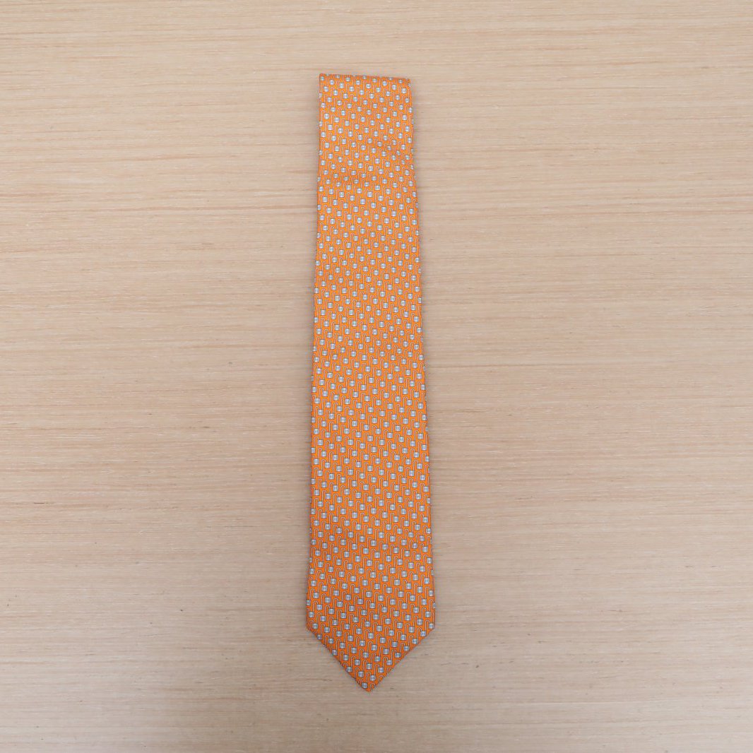 99新 Hermes/爱马仕 【念念特价】 橙色 桑蚕丝 锁头图案 领带