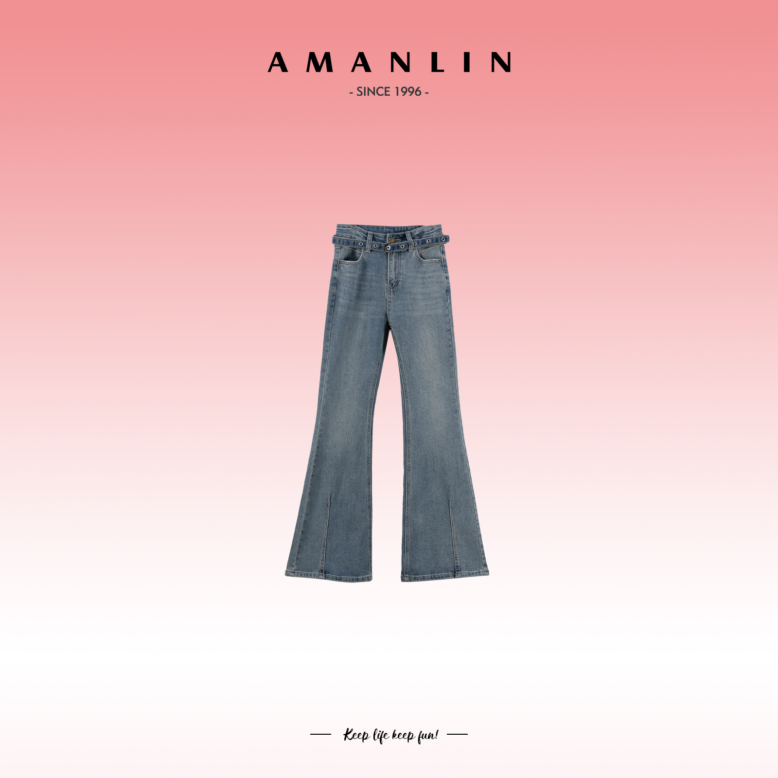 AMANLIN/阿谩琳法式高腰气质微喇叭牛仔裤开叉裤脚时尚裤Y595635