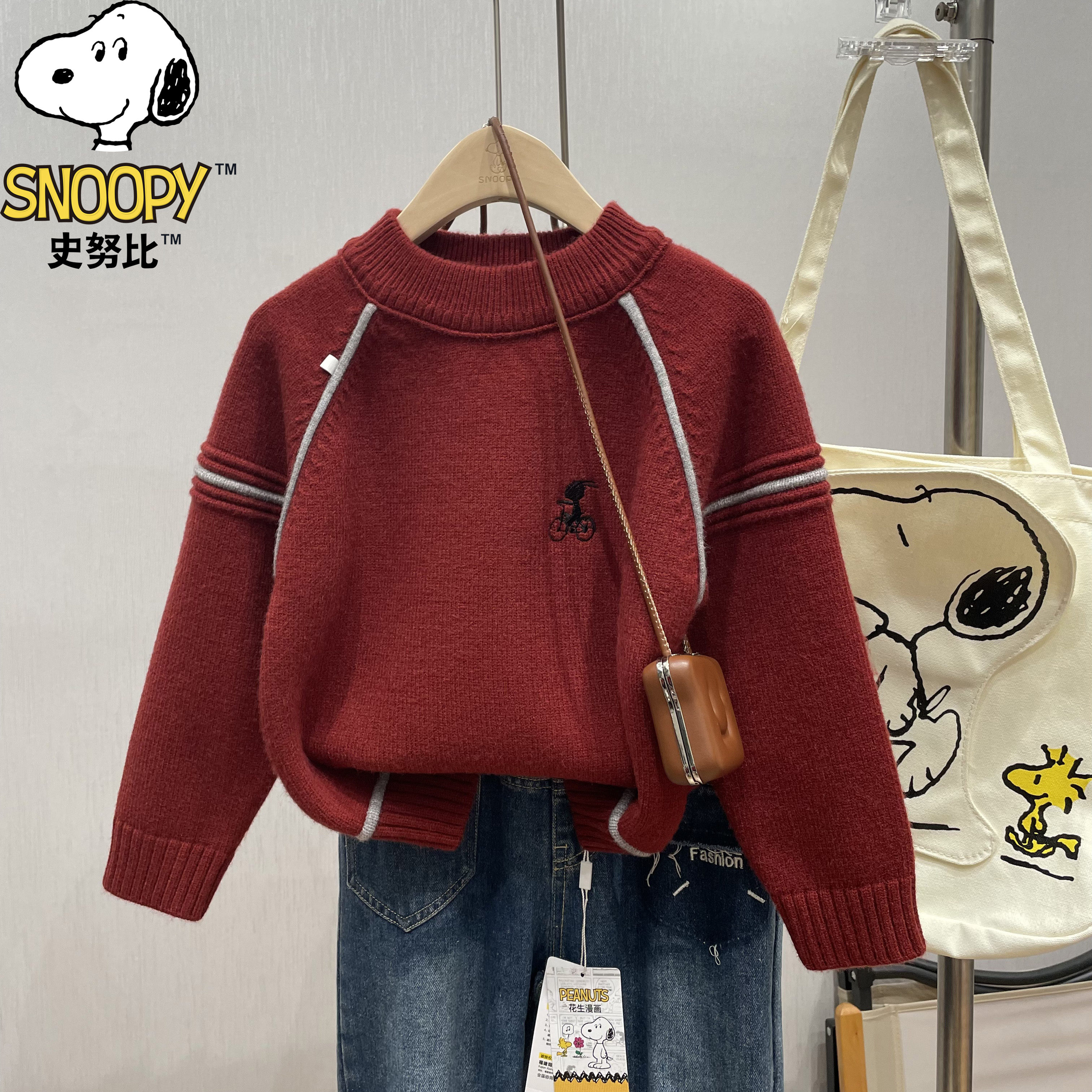 Snoopy/史努比儿童秋冬男童女童洋气加厚套头红色毛衣大童男孩潮