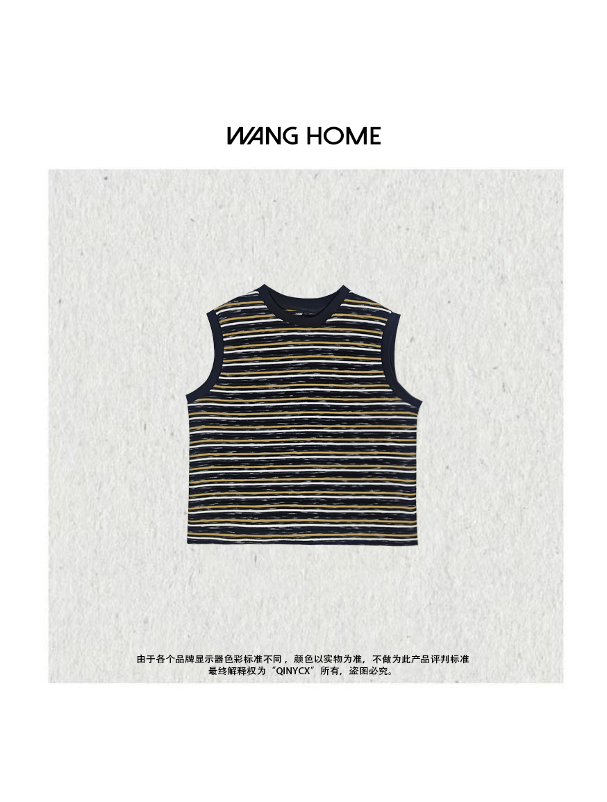 CHENCY WANG-芝士黑巧 夏日宽松圆领时尚设计款条纹简约坎肩T恤