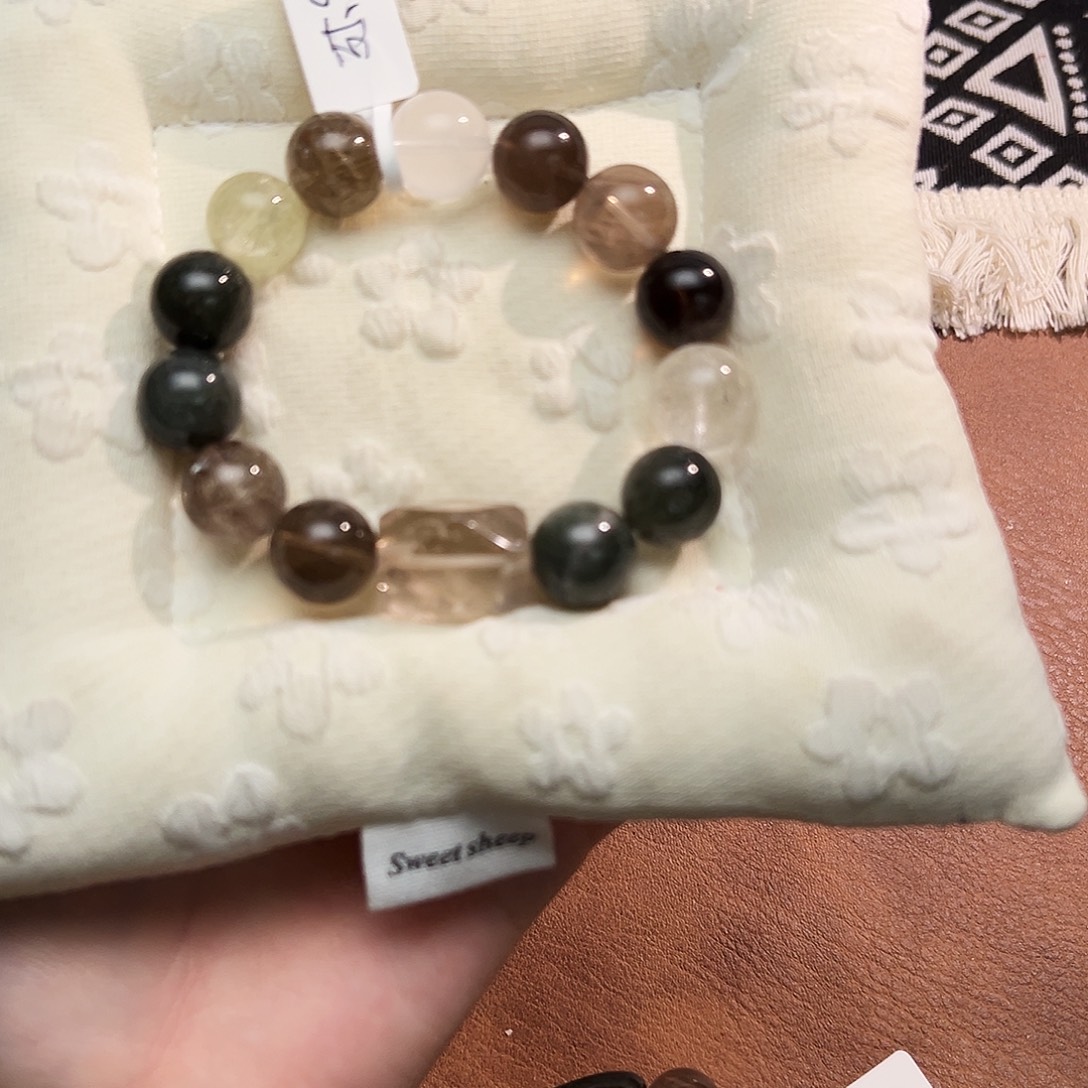 银S925镶嵌手链烟晶茶晶兔毛