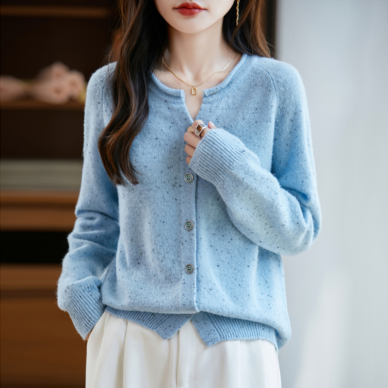 羊毛衫女卷边领女纯色点子纱宽松型衫长袖女士短款针织