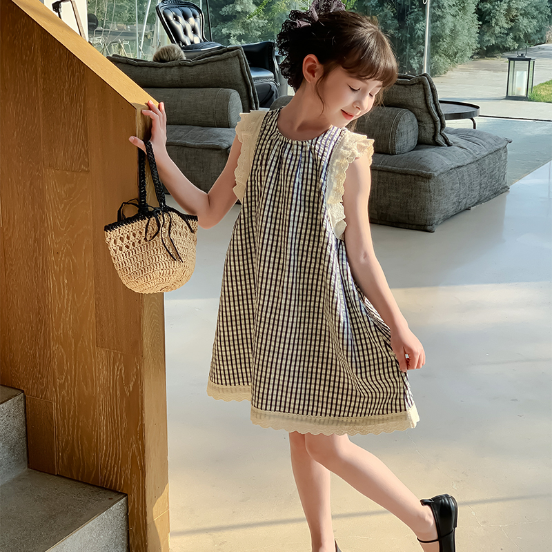 尤画2025夏季裙子洋气女孩韩范时髦黑白格子儿童公主背心裙68068