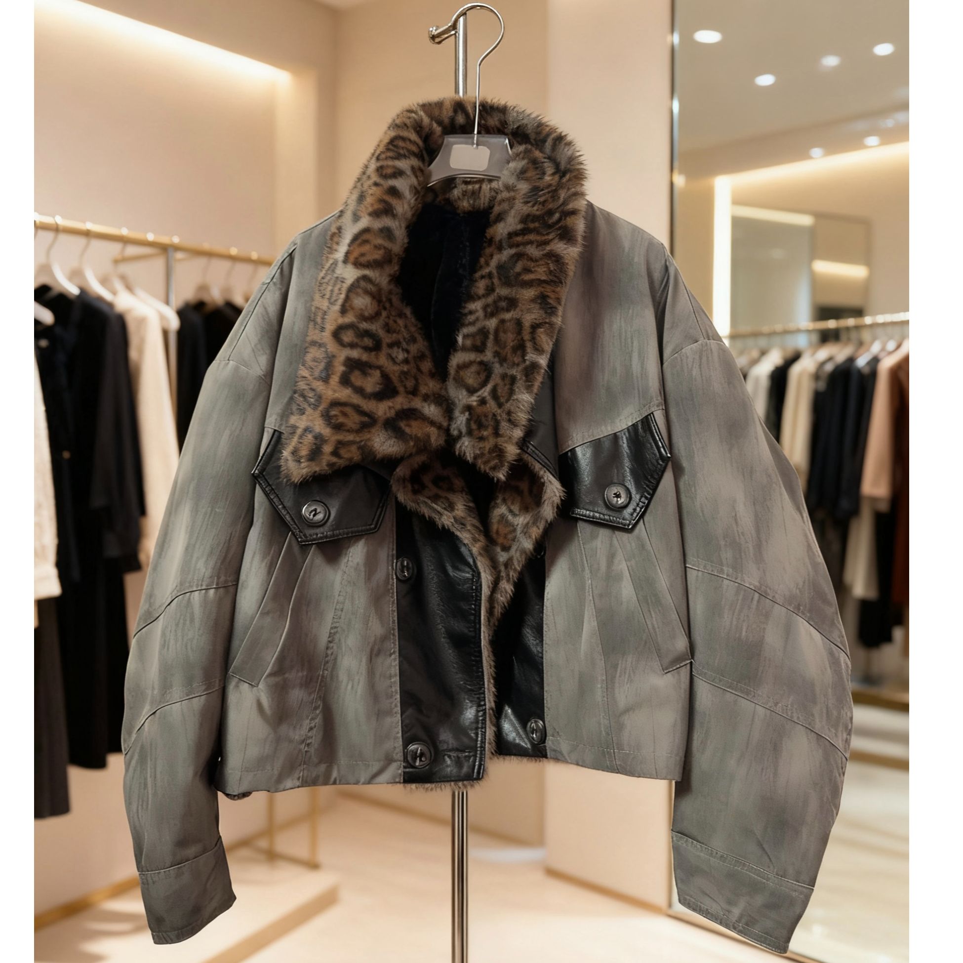 25496-1少女风慵懒风长袖宽松型短外套拼接时尚女士毛领百搭