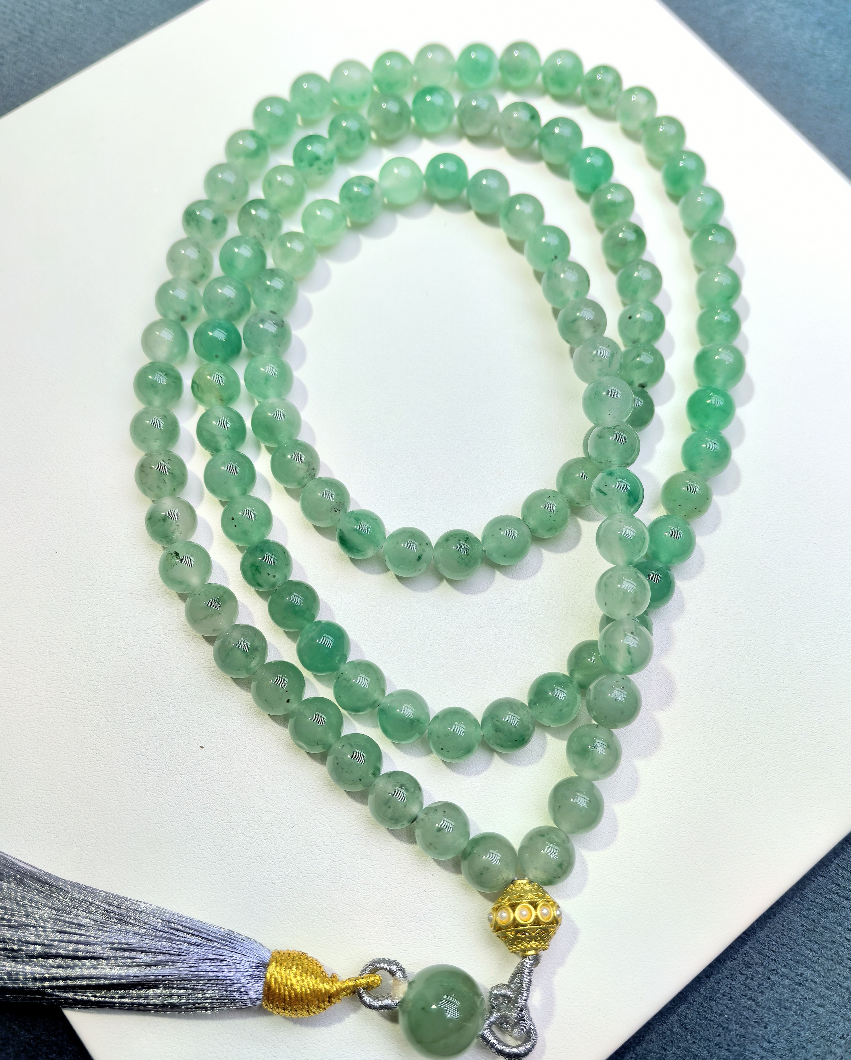 天然A货非洲翠108粒长链，石英质玉，种色都有