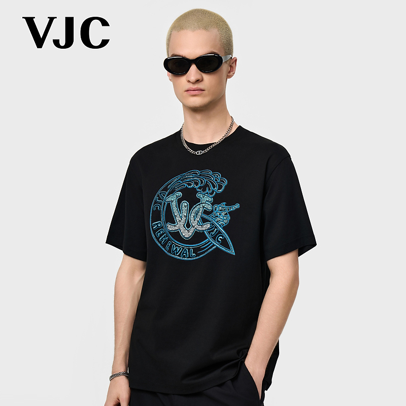 VJC/威杰思2025夏季新款男装潮流撞色烫钻百搭短袖T恤B25BA1067