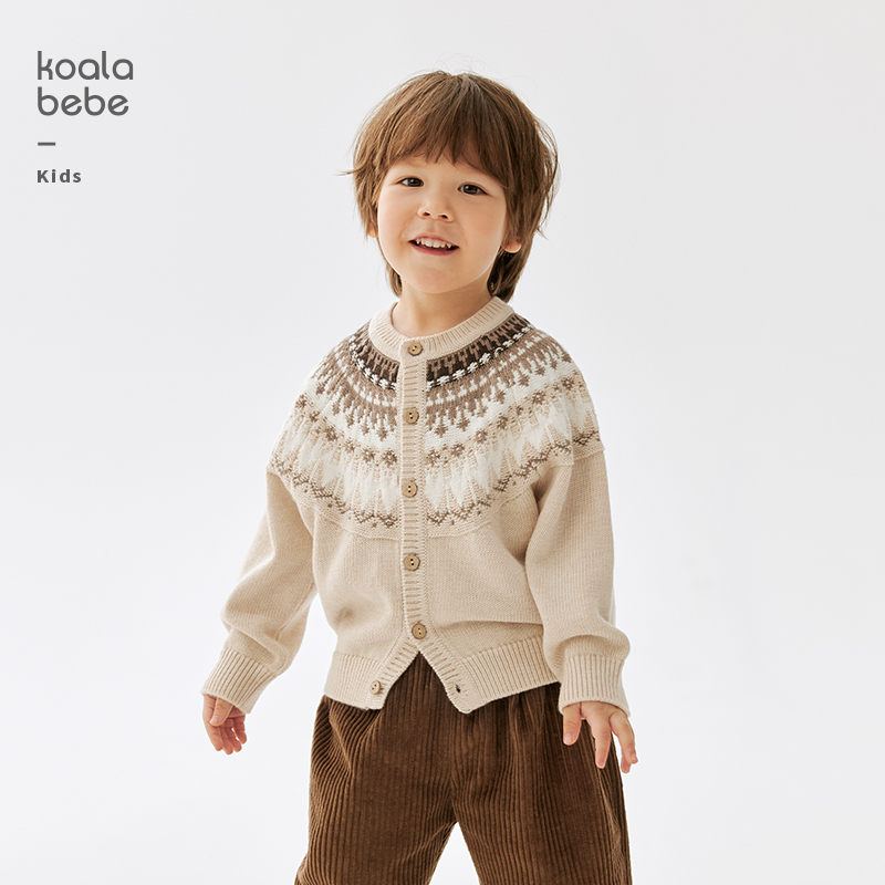 考拉鼻鼻[费尔岛开衫·复古穿搭]儿童秋冬撞色百搭保暖毛衣外套