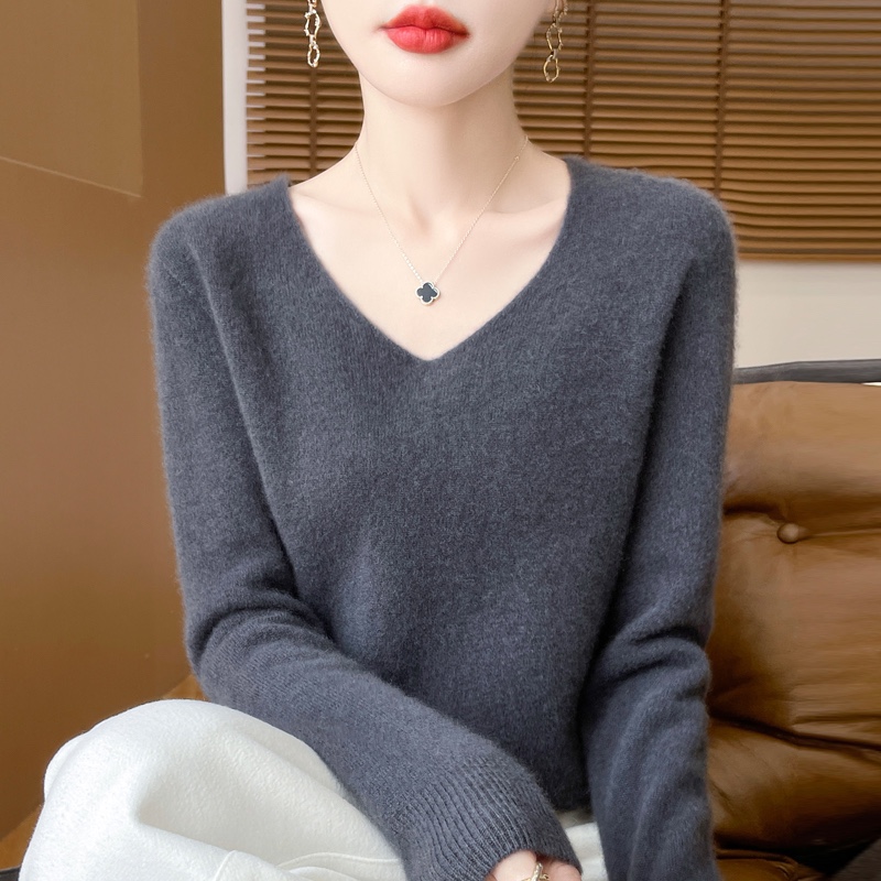 有型不软塌~女士一线成衣平面V领长袖针织打底衫