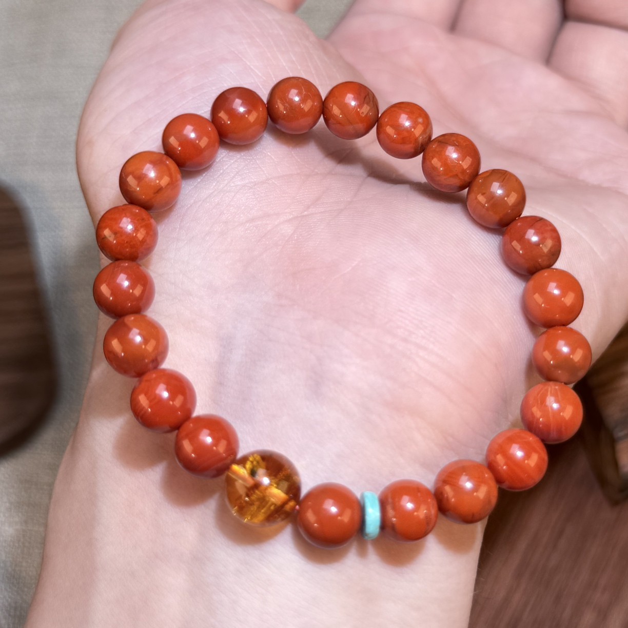 南红花珀设计款松石松石隔片手串