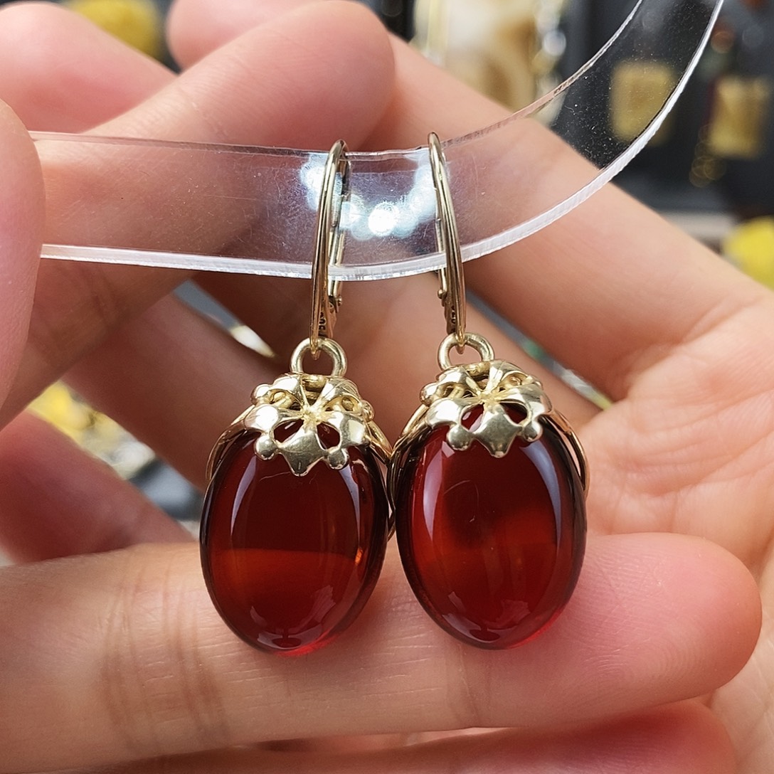 琥珀银S925镶嵌耳饰