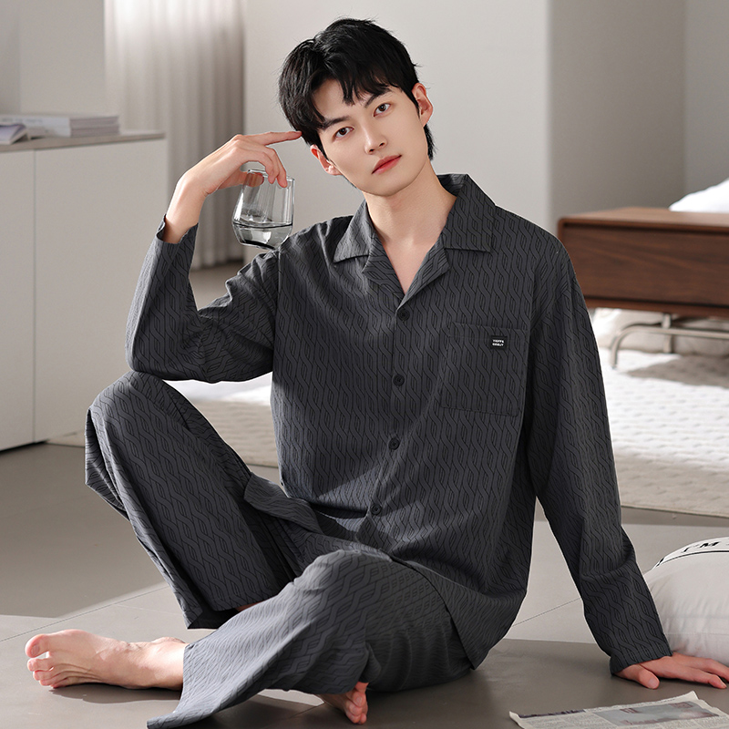男士睡衣春秋季纯棉长袖宽松大码薄款家居服冬天套装可外穿中年