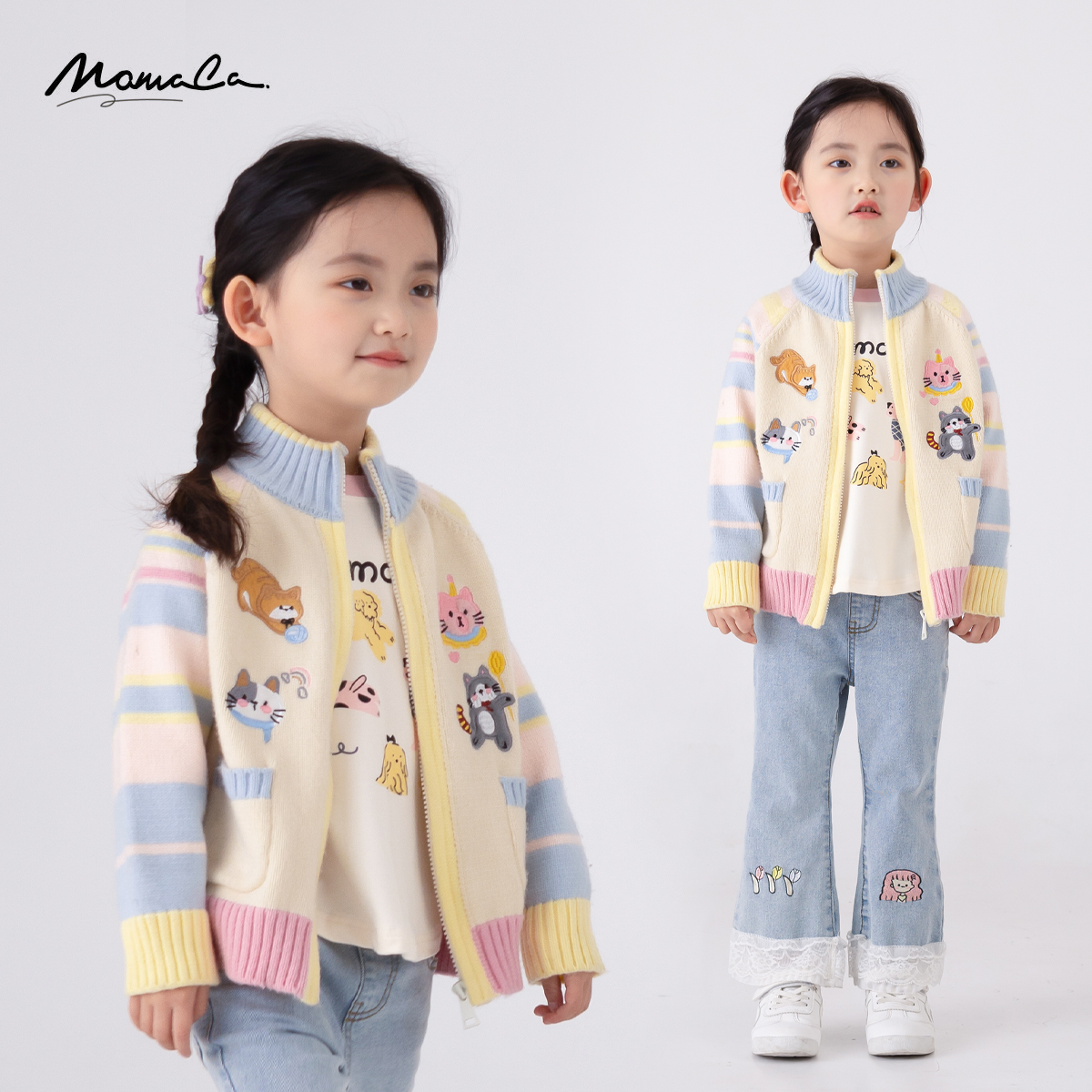 MOMOCO2025款春秋季女宝宝仙女拼接甜美动物毛衣开衫77530230001