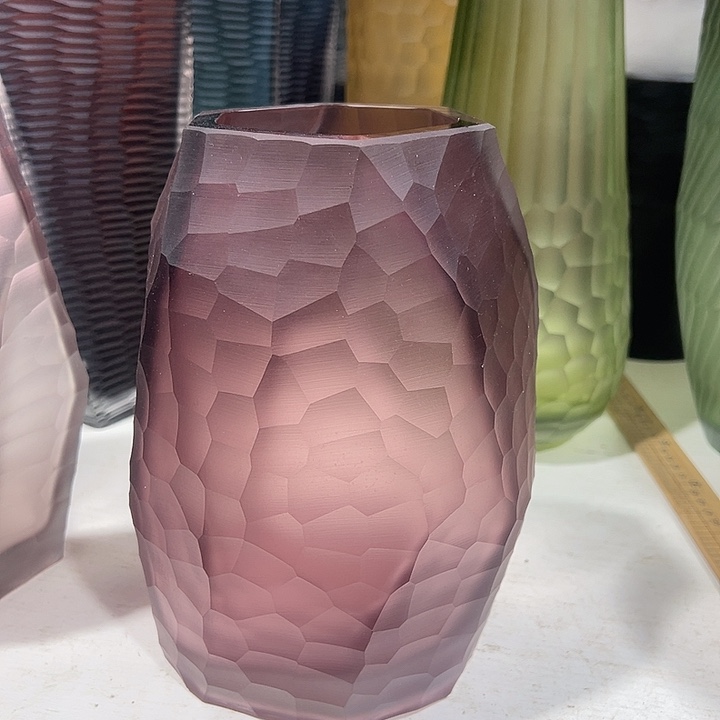 琉璃手工艺品紫色磨刻花瓶花器高22口9