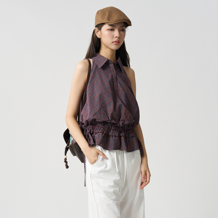 西町村屋格纹荷叶边无袖小衫女装夏季新款复古百搭上衣XAAB10662