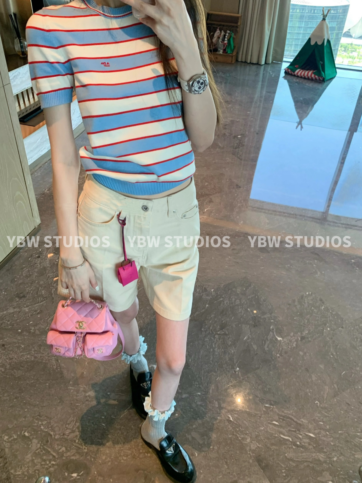 【YBW】‘红蓝CP’蓝白红横条纹圆领针织短袖T恤衫