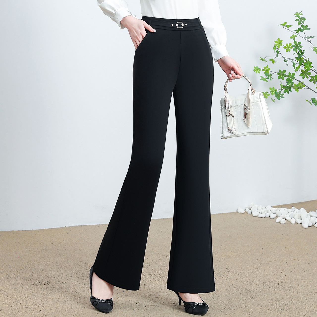 春夏款简约百搭小西裤薄款小黑裤黑色休闲中高腰修身微喇垂感2522