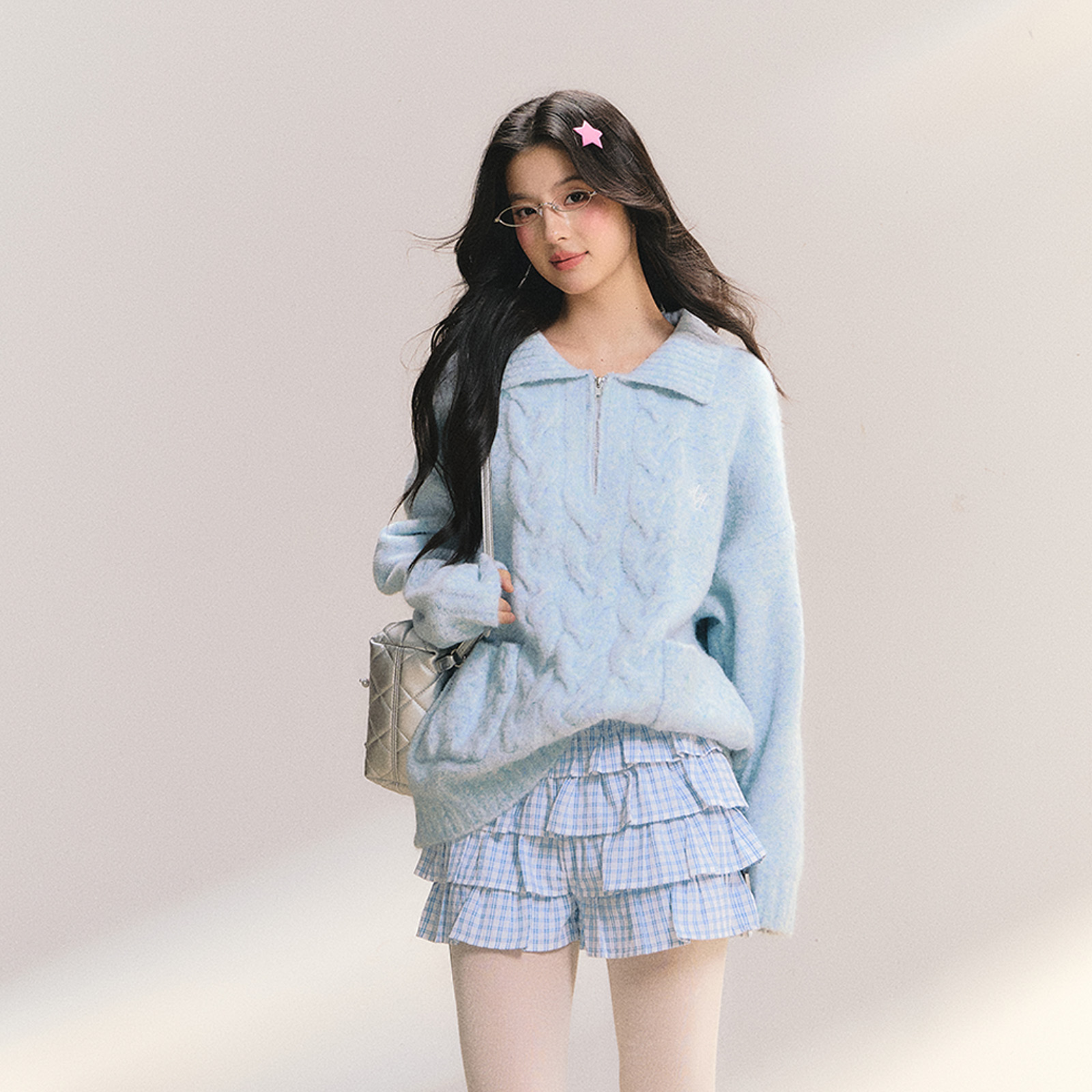 FPMZ联名ANDN【坠入云端】半开拉链翻领绞花毛衣韩系复古针织衫上衣