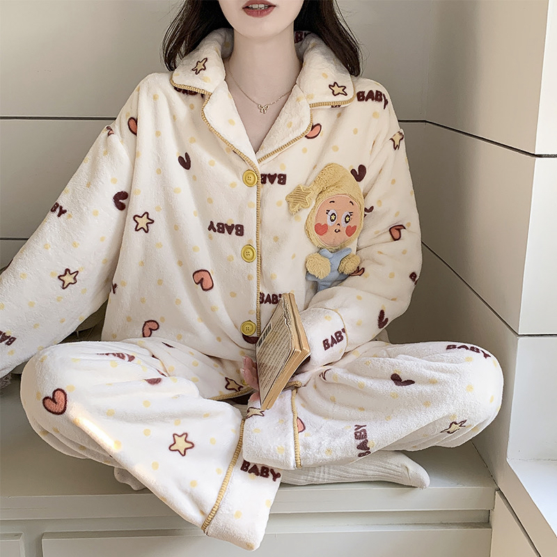 可爱星星人睡衣女冬季新款加厚法兰绒开衫翻领甜美家居服保暖套装
