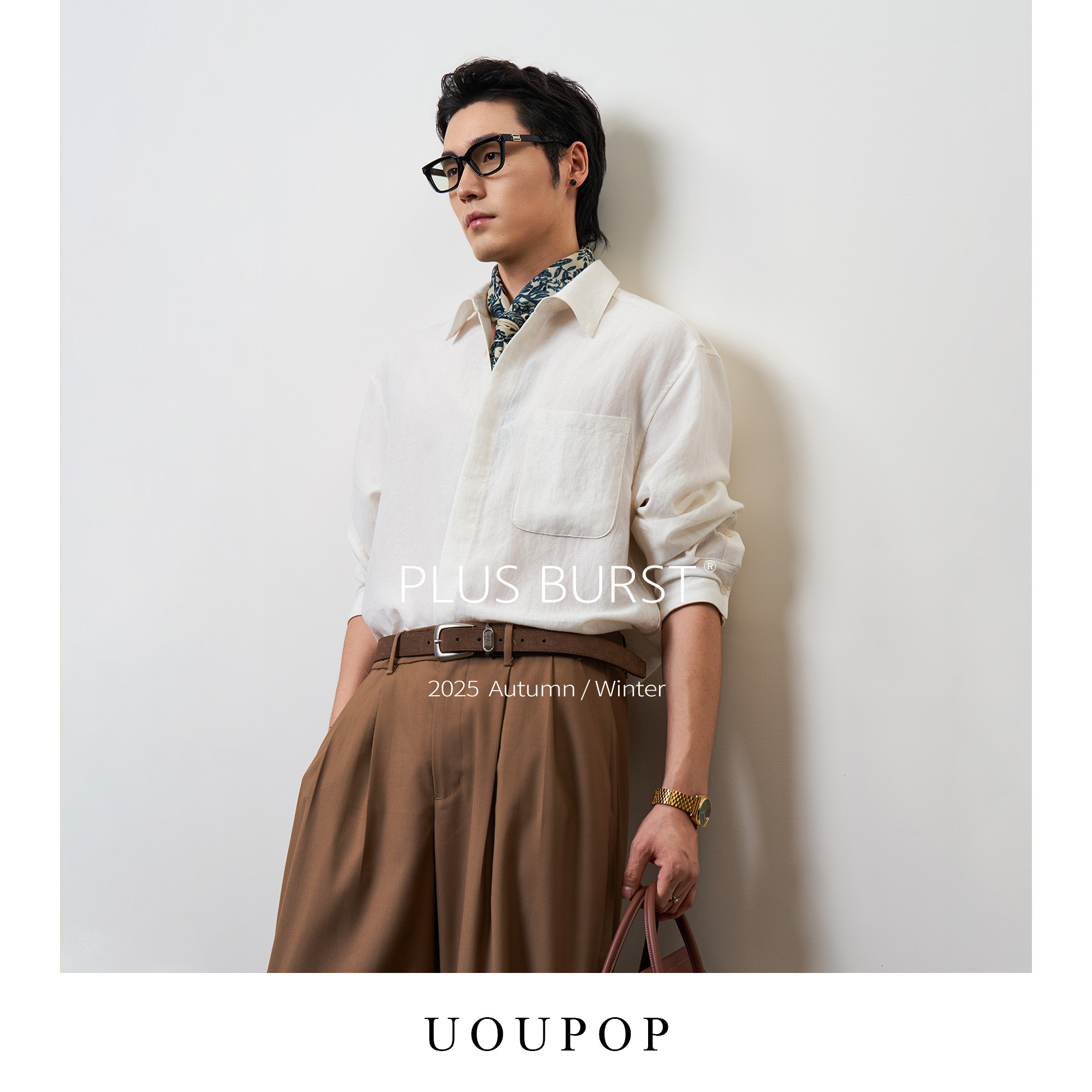 UOUPOP 有朴｜白色亚麻质感长袖衬衫 男士复古休闲单口袋翻领衬衣