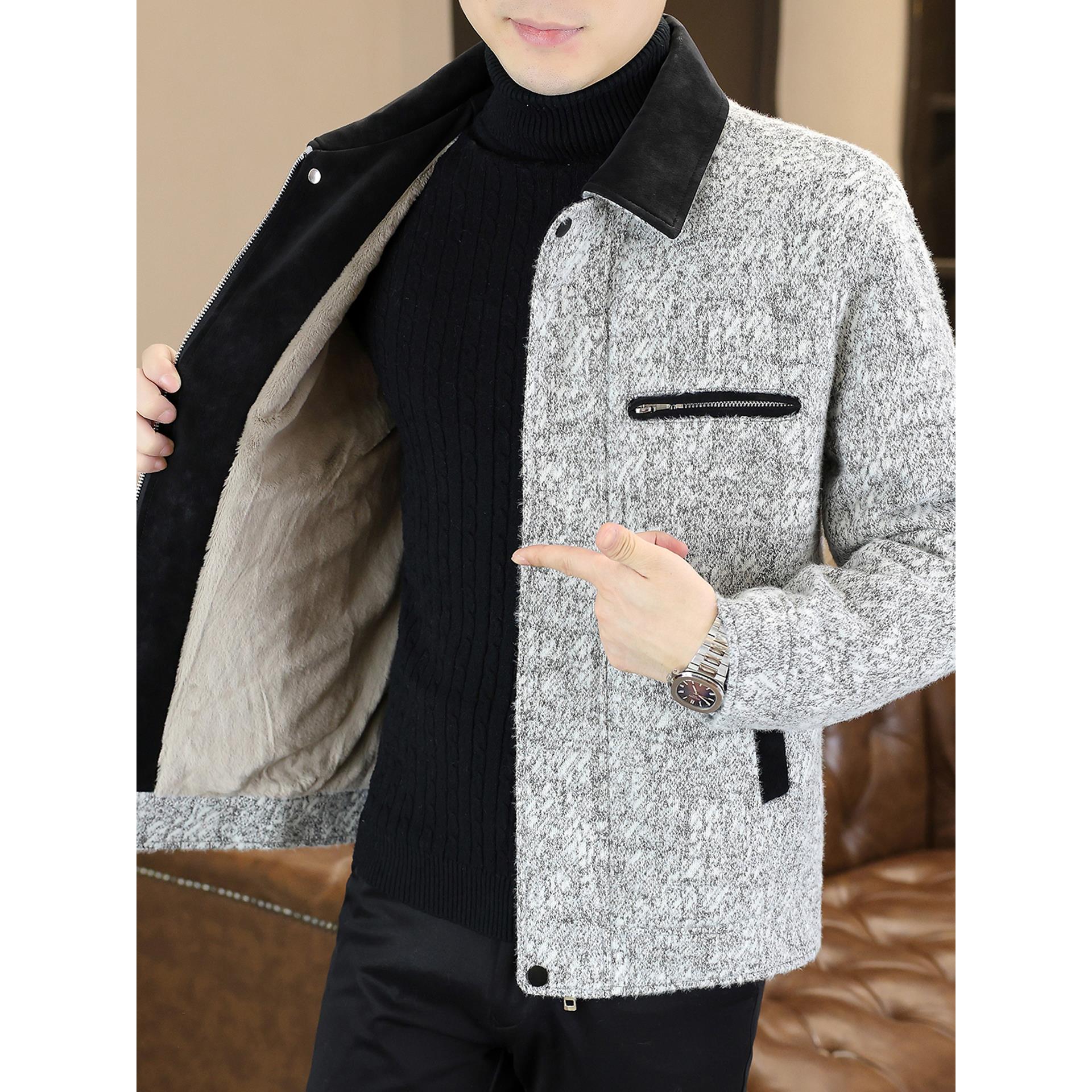2025新款秋冬季加绒加厚呢子夹克男潮流时尚保暖短款毛呢大衣外套