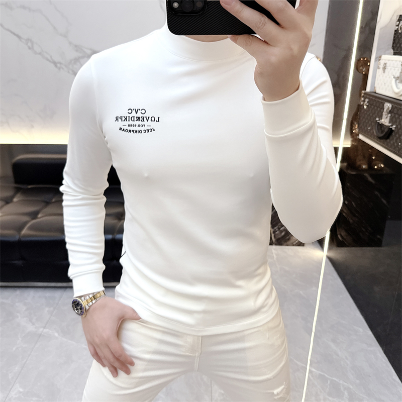 冰希简欧.男士修身加绒加厚时尚潮印花半高领打底衫2025冬季新款