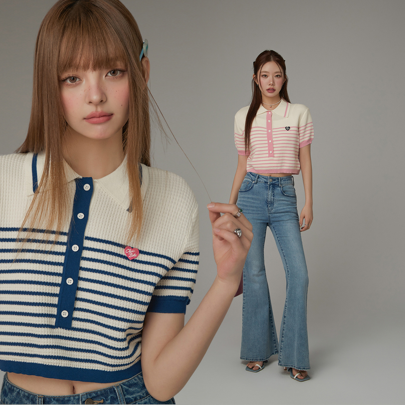 ND004 【金拐子专属】CHUU夏季女装条纹翻领学院风设计个性针织衫-F