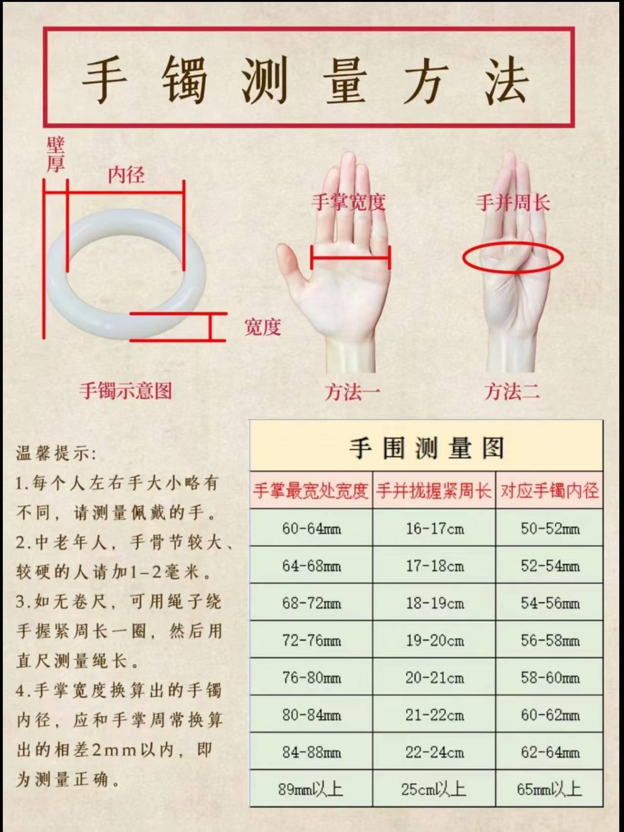 时尚饰品手镯测量尺码方法表【非商品】
