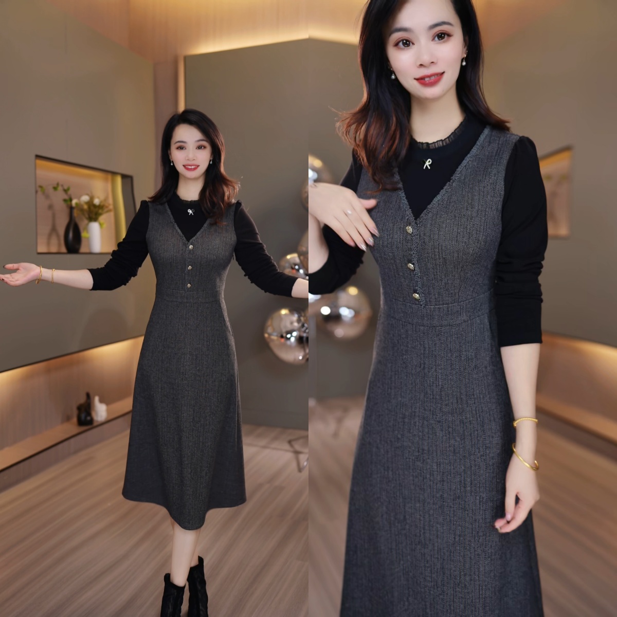 J上新 高级灰连衣裙磨毛精纺拼接假两件高档简约蝴蝶结胸针