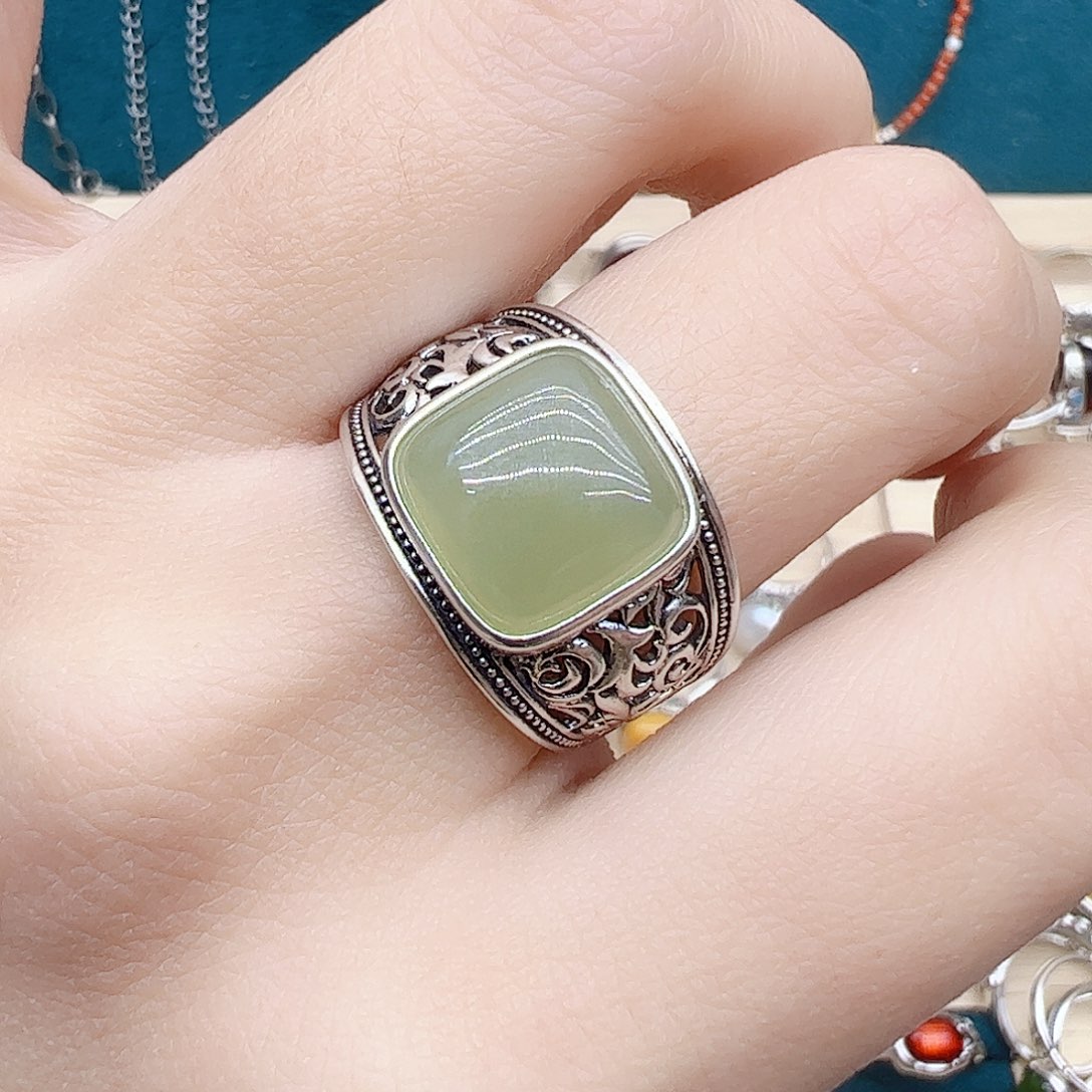 和田玉戒指银S925镶嵌