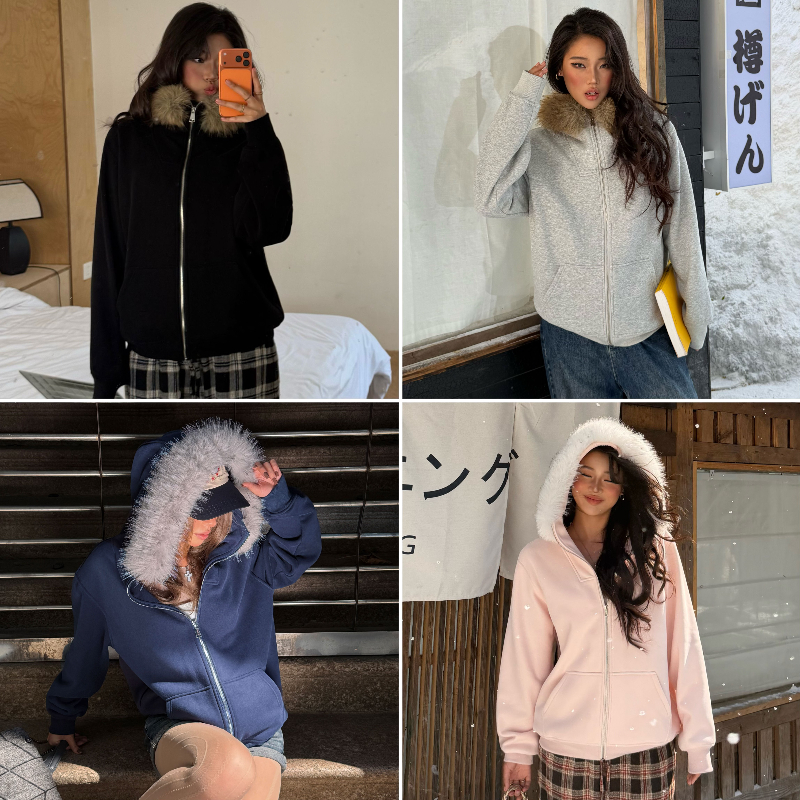 4815加绒大卫衣外套女秋冬连帽廓形可拆卸毛领高克重保暖上衣