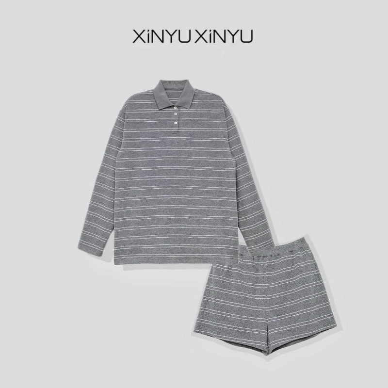 XINYU/芯与100棉polo领条纹长袖POLO衫 +条纹短裤103277 11538