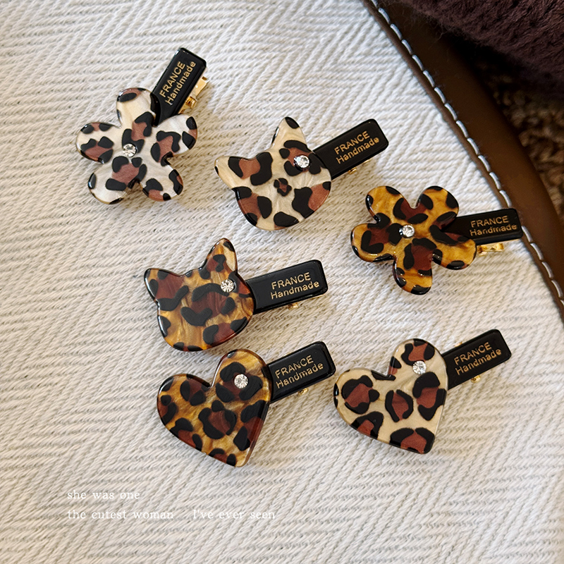 豹纹镶钻花朵猫咪鸭嘴夹侧边刘海夹气质女生bb夹爱心发卡醋酸发夹