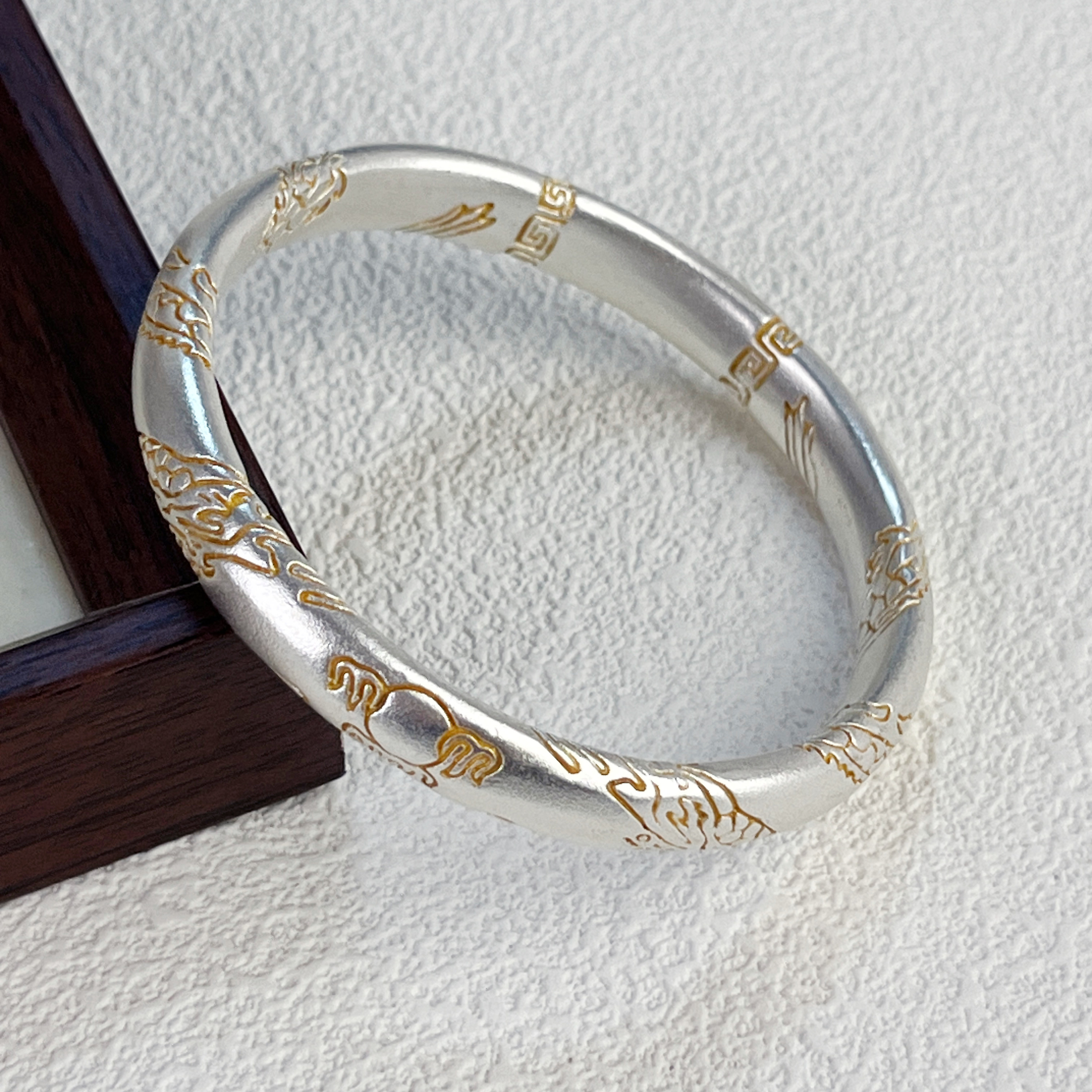 足银手镯 足银999.9 龙描金闭口手镯A6