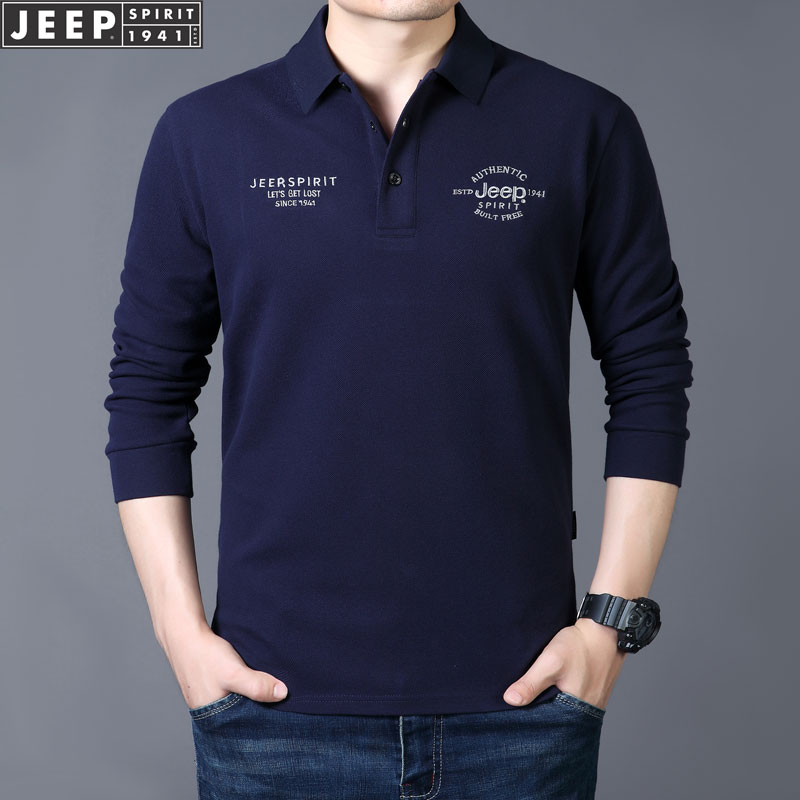 JEEP SPIRIT长袖T恤男纯棉翻领POLO衫春秋季宽松大码休闲上衣男