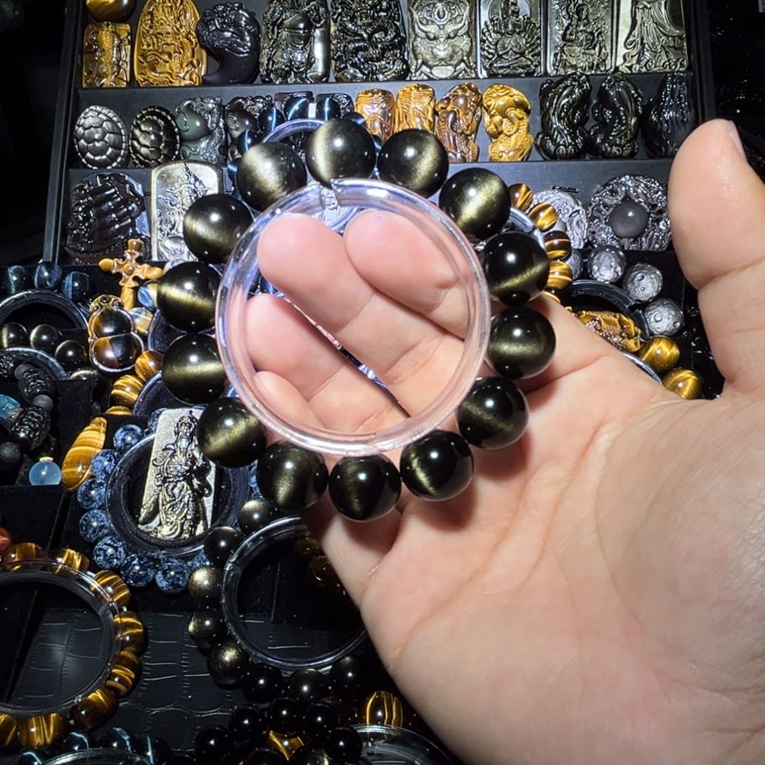 未镶嵌黑曜岩手链瑶*爸天然金曜石一线双面猫眼16mm