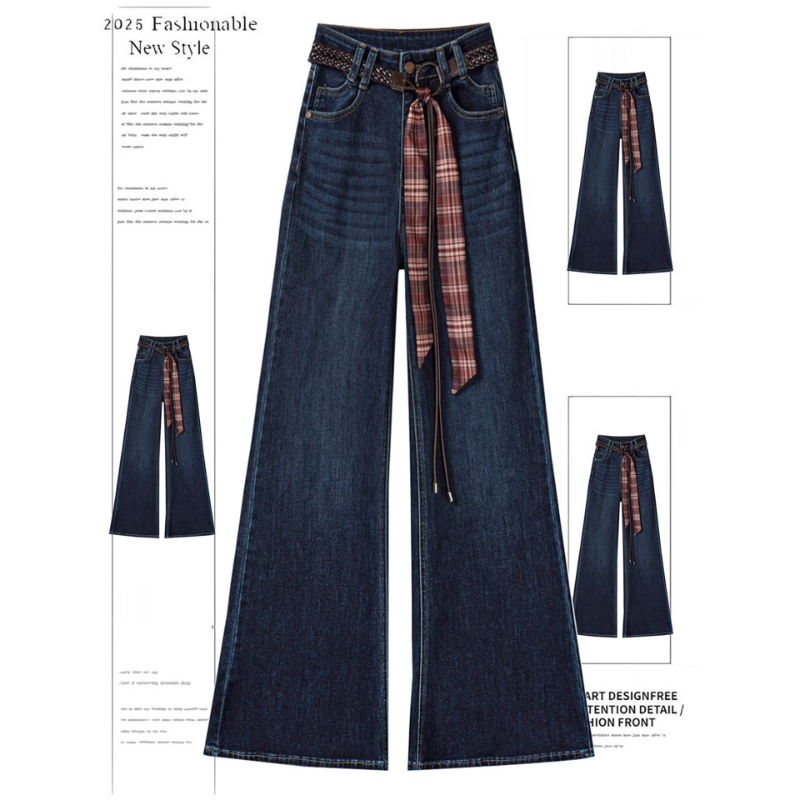 300斤大码女装蓝色设计感牛仔裤女新款胖mm梨型修身显瘦微喇裤子