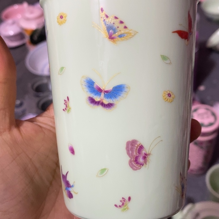 碗陶瓷绿稀土蝴蝶描金大可乐杯