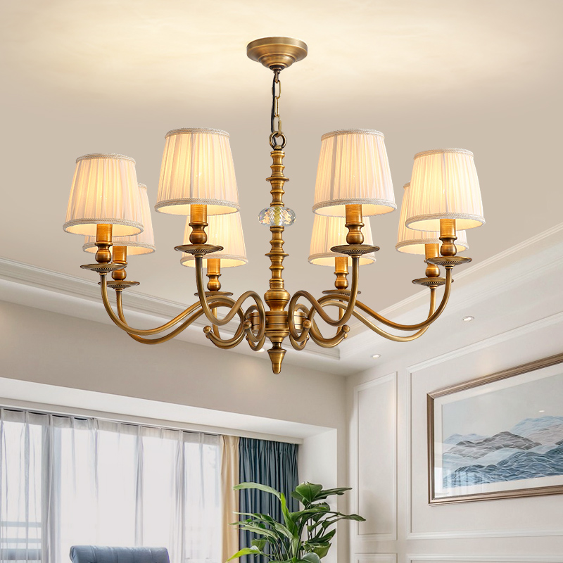 轻法式全铜吊灯美式简约客厅灯温馨布艺餐厅吊灯大气卧室书房吊灯