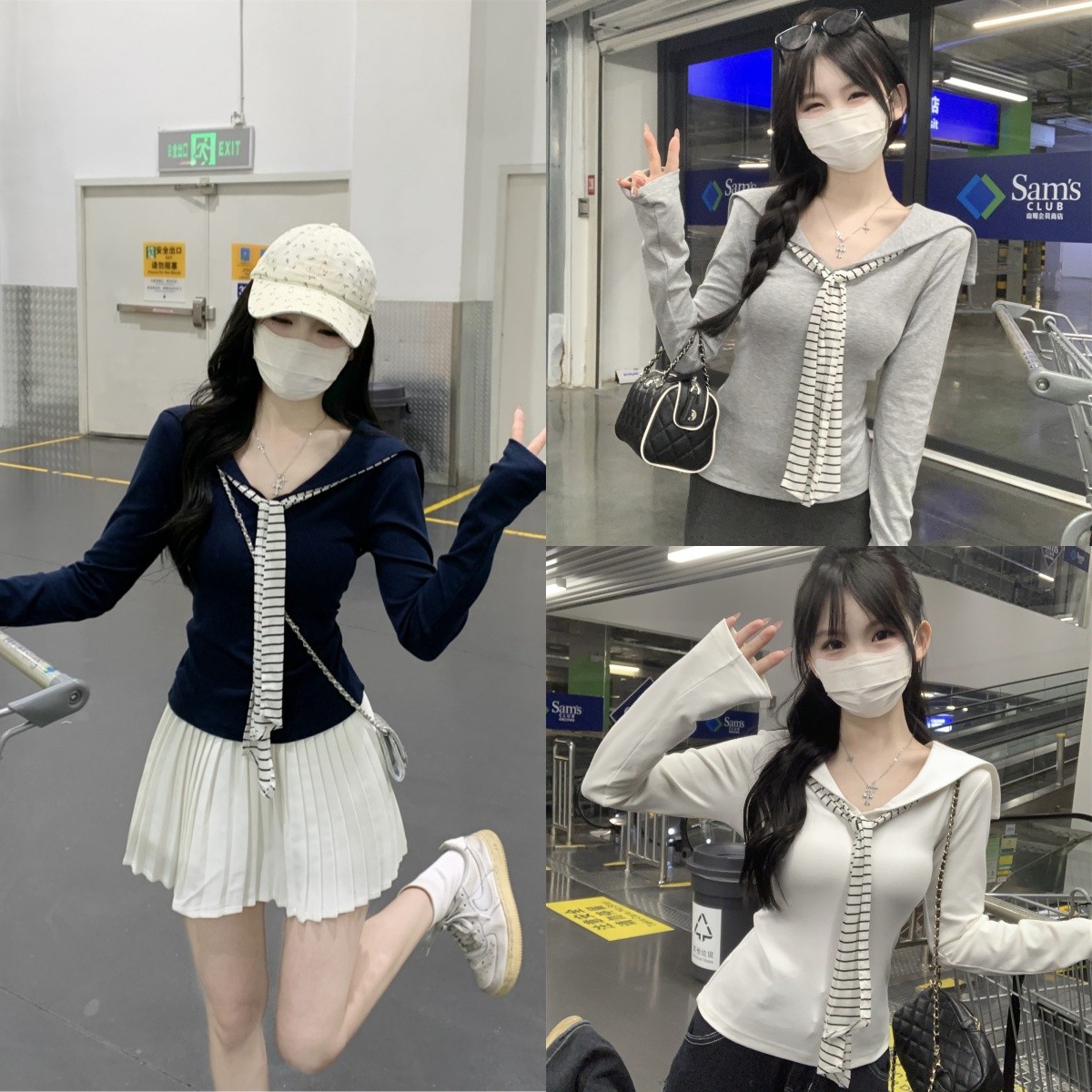 CyberSweet/大码胖MM秋季新款韩版海军领条纹披肩假两件长袖T恤女