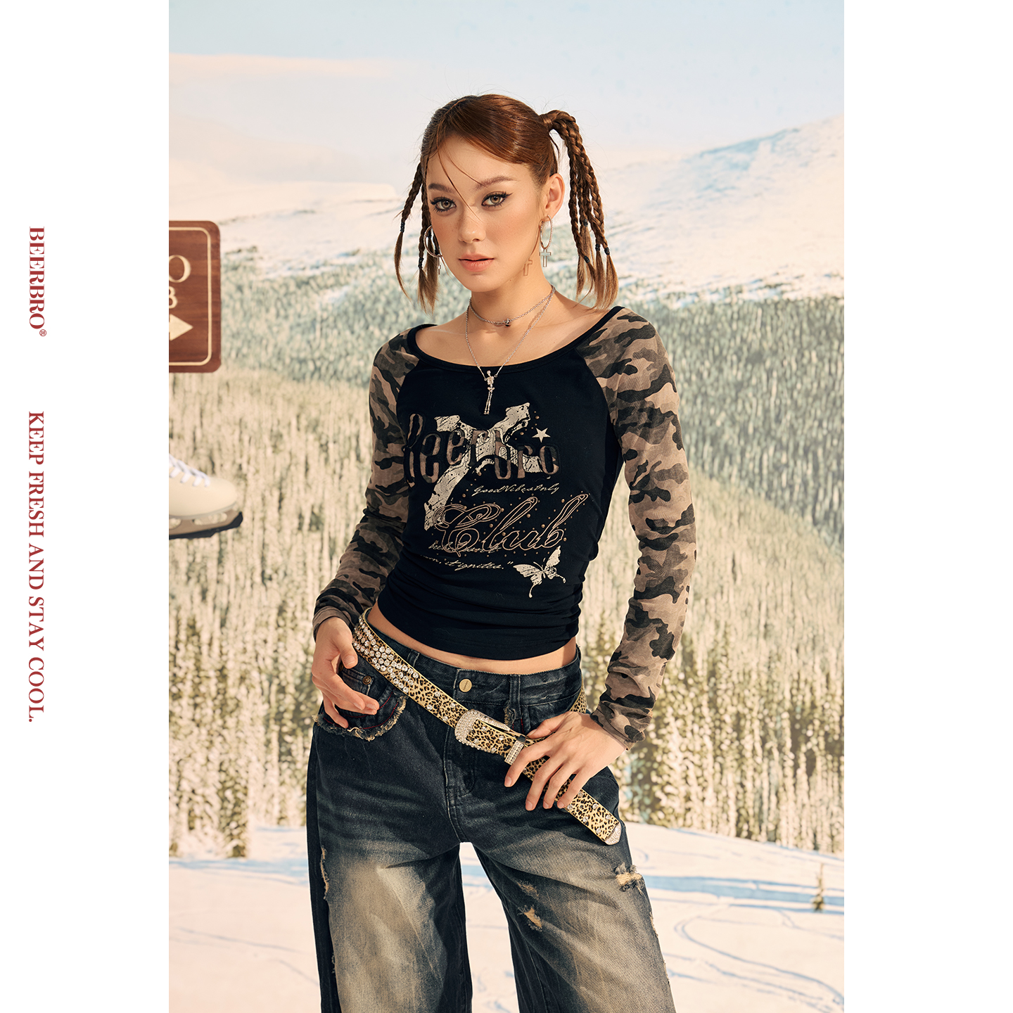 『反叛竞技社』辣妹迷彩拼接插肩袖修身长袖打底TBZ25DJT1937 