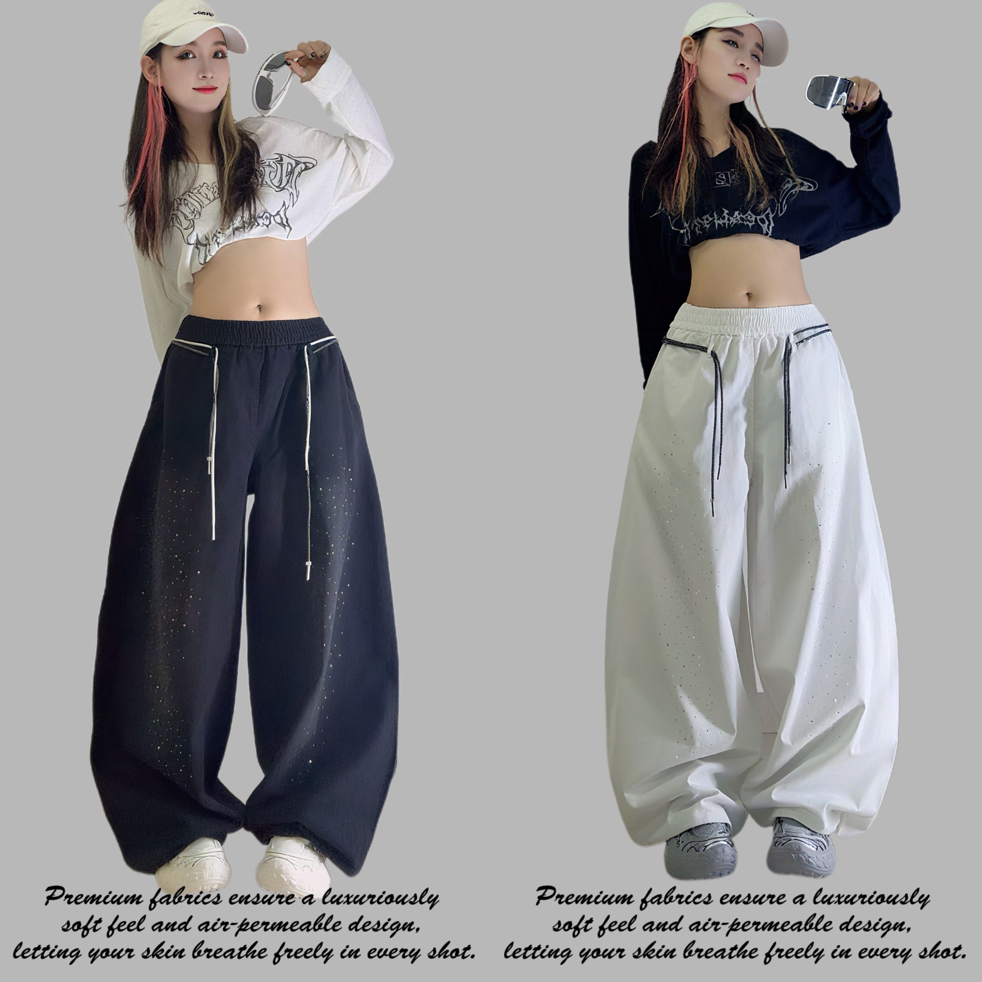 时超康SHI.CHAO.KANG.潮牌弯刀牛仔裤阔腿裤烫钻洗闪钻长裤2501款